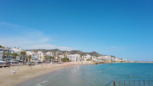 POV View Towards an Open Space of San Sebastian Beach in Sitges Costa Dorada Spain