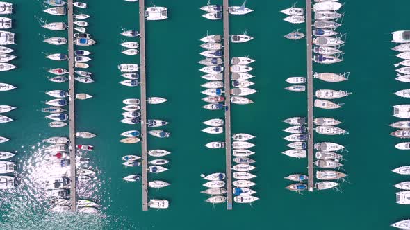 Aerial view of Lefkada town and marina on the Ionian island. Sailboats in the harbour.