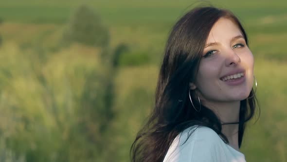 Close View Beautiful Long Haired Brunette Lady Turns Head