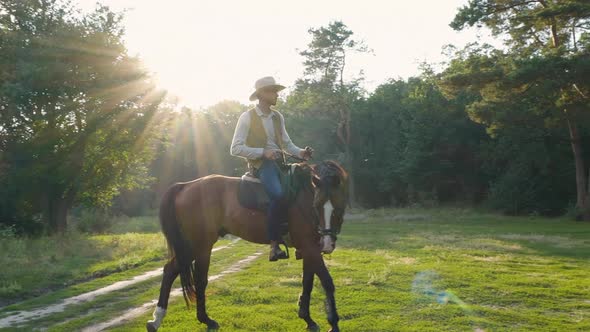 American Cowboy on Horseback on a Forest Lawn