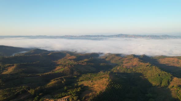 4K Aerial view from drone over mountains fog. Golden scenery at sunrise