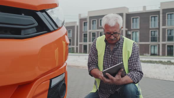 Senior Bus Driver Checking Vehicle on Defects Before Ride