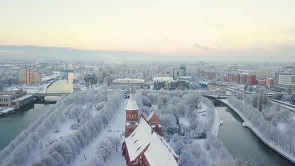 Aerial: The Cathedral in the snow-covered city of Kaliningrad, Russia