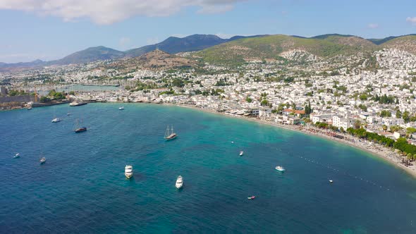 Amazing View Bodrum Town and Sailboats Drone Footage Turkey