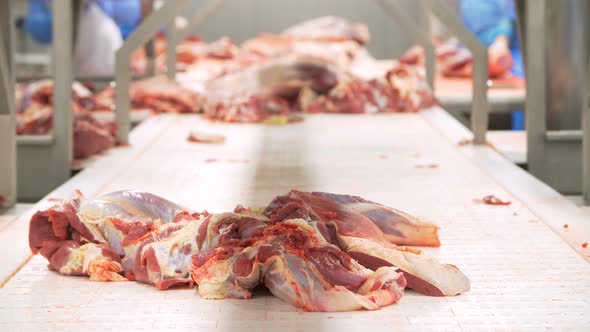 Butcher Cutting Beef By the Conveyor Belt