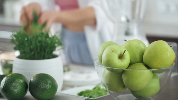 Female Prepares Smoothies in the Kitchen Woman Puts the Green Vegetables Ingredients in a Blender