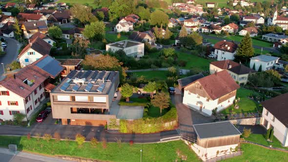 Aerial View of Liechtenstein with Houses on Green Fields in Alps Mountain Valley