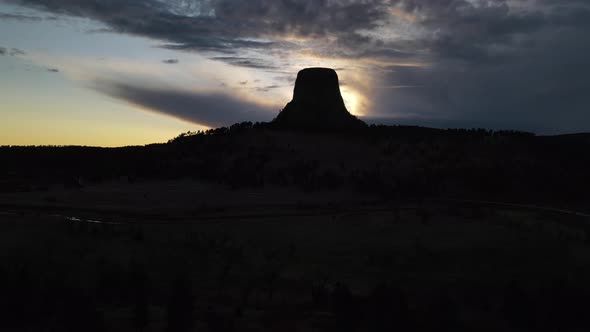 Devil's Tower National Monument in Wyoming. 4k drone video at sunset life up shot.