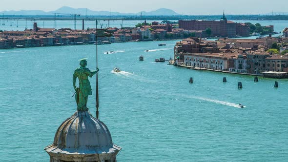 Top of Belfry With Saint George Statue in Venice, Traffic on Grand Canal, Travel