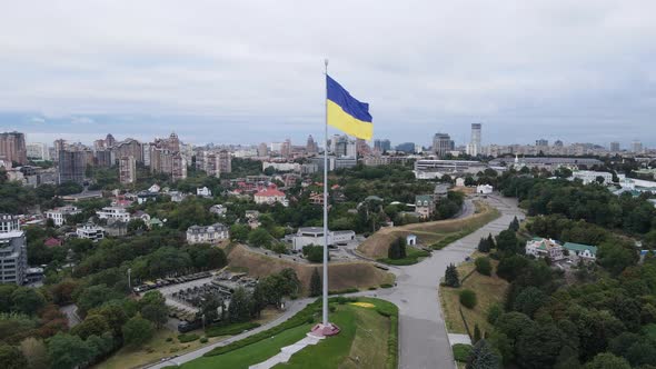 Kyiv - National Flag of Ukraine By Day. Aerial View. Kiev. Slow Motion