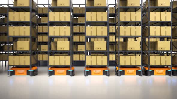 Warehouse industry autonomic robots carrying metal shelves with cardboard boxes.