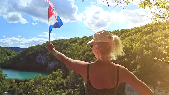 Croatian Flag on the Waterfalls of Plitvice Lakes National Park