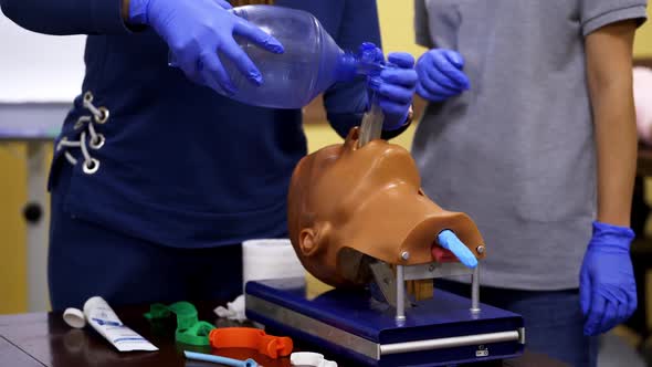 Training session of giving first aid. Person does the training reanimation procedure on a dummy 