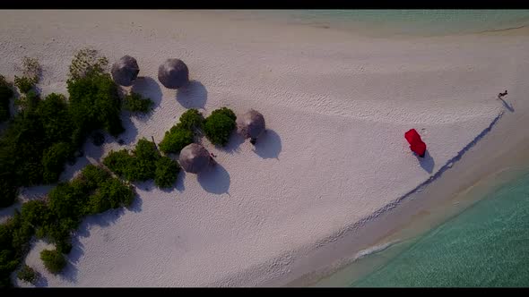 Aerial above abstract of marine lagoon beach holiday by transparent ocean with white sand background
