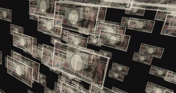 Japan Yen 10000 banknote – flying between transparent money