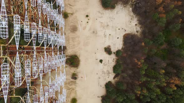 Aerial view of Duga radar system in abandoned military base in Chernobyl