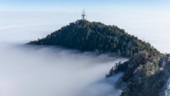 Fairy View of a Wooded Hilltop in San Gabriel Mountains, Shrouded in Dense Fog, Time Lapse