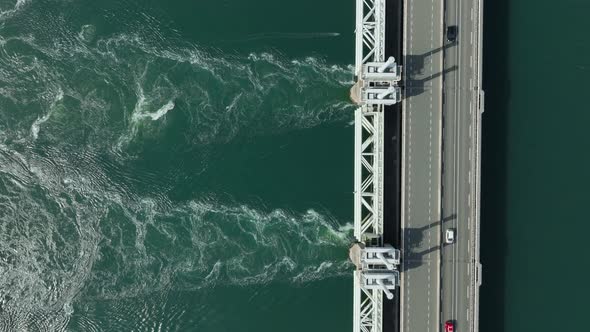 Bird's Eye View of a Storm Surge Barrier Bridge in the Netherlands