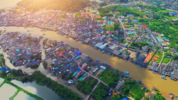 Aerial video of a drone flying over Pak Nam Chumphon