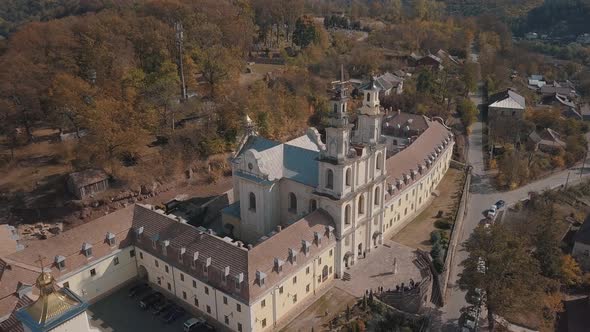 Aerial View of Catholic Cathedral Monastery in Autumn. City Buchach, Ukraine