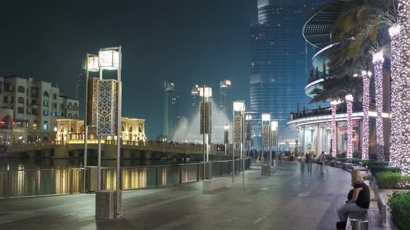 Area Near the Dubai Fountain at Night UAE Timelapse