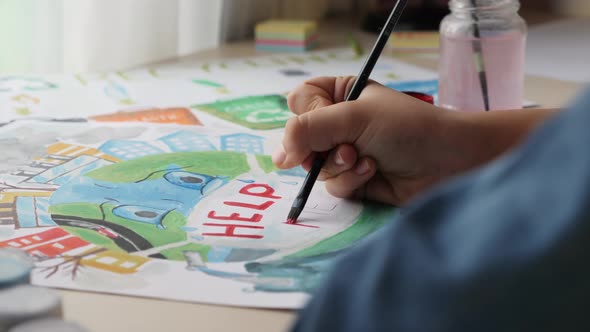 Schoolirl Draws Paints Poster, Environmental Problem