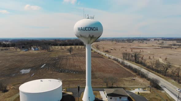 WAUCONDA WATER TOWER. Flying Over the Largest Water Storage Tower From Lake Michigan. Water Tower in