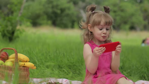 Weekend at Picnic. Girl on Grass Meadow Play Online Games on Mobile Phone. Social Network, Chatting