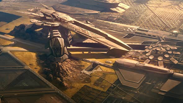 A futuristic military base. Landscape with hangars, marine barracks, spaceships.