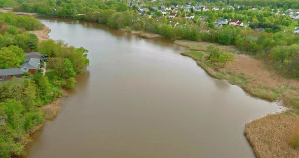 Panoramic view of typical suburb autumn landscape on American small apartment complex a near river