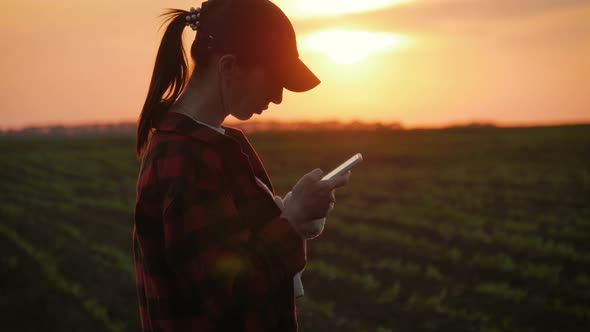 Pretty Young Woman with Tablet Computer Working in Field at Sunset. The Girl Uses a Tablet, Plans To