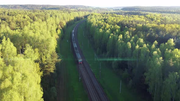 Aerial drone view of a electric passenger train passing through a beautiful summer forest at dawn.