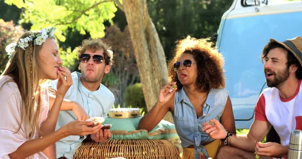 Group of hipster friends having a picnic