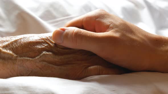 Worried Man Holding and Gently Stroking Hand of His Sick Mother Showing Care or Love