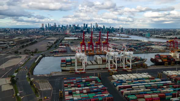 Hyper-lapse of Industrial Shipping Cranes Offloading Cargo - Melbourne Australia
