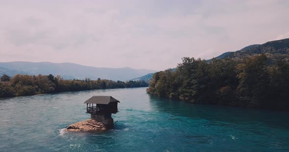 A House On A Rock On The Drina River In Serbia