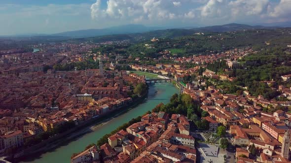 Verony Italy Skyline Aerial Footage in . View of Riva and Bridge in Verona City. Left Side Old Town