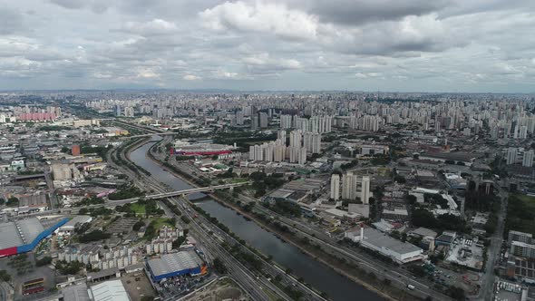 Downtown Sao Paulo Brazil. Landmark highway road. Offices buildings.