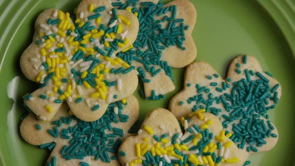 Cinematic, Rotating Shot of Saint Patty's Day Cookies on a Plate 