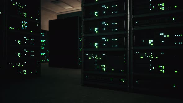 Modern Server Room with Supercomputers Light