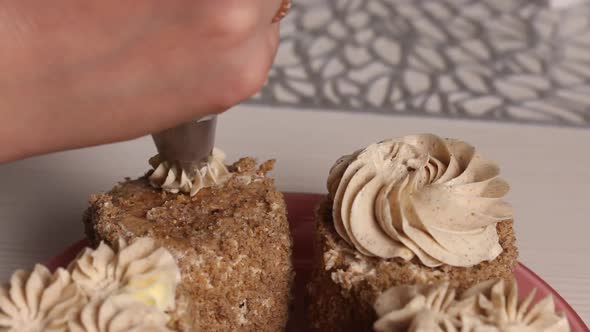 A Woman Makes A Sponge Cake With Butter Cream And Biscuit Crumbs.