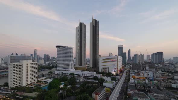Time lapse of aerial view of Icon Siam, Bangkok Downtown. Financial district and business