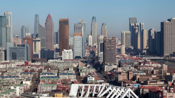 Tianjin Cityscape Panorama China Timelapse Pan Up