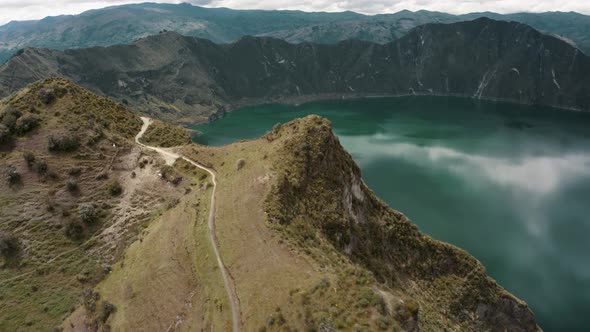 Mountain Hike Trail At Quilotoa Lake On Ecuadorian Andes Volcano. Aerial Drone Shot