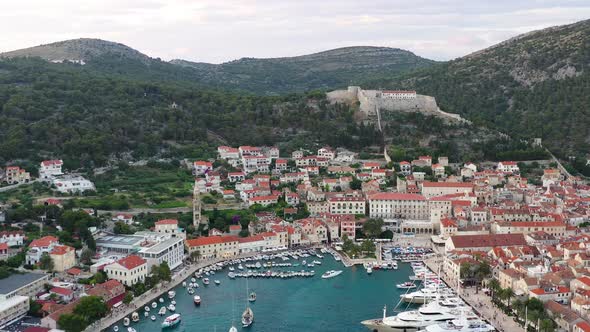 Croatia, Hvar island. Aerial view at the town. Vacation and adventure. Town and sea.