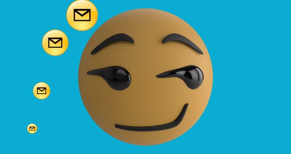 Digital animation of smirk face emoji over multiple message icons floating against blue background