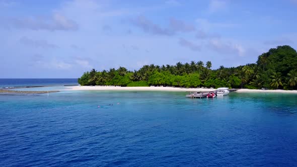 Drone aerial tourism of tropical resort beach journey by blue sea and sand background