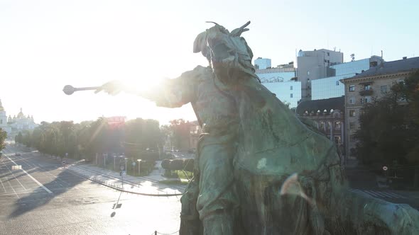 Kyiv, Ukraine: Monument To Bogdan Khmelnitsky in the Morning at Dawn. Aerial View.