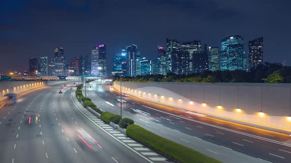 Traffic view with background Singapore landmark financial business district.