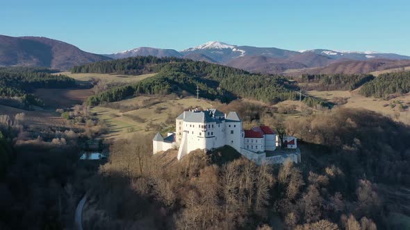 Aerial view of castle in village Slovenska Lupca